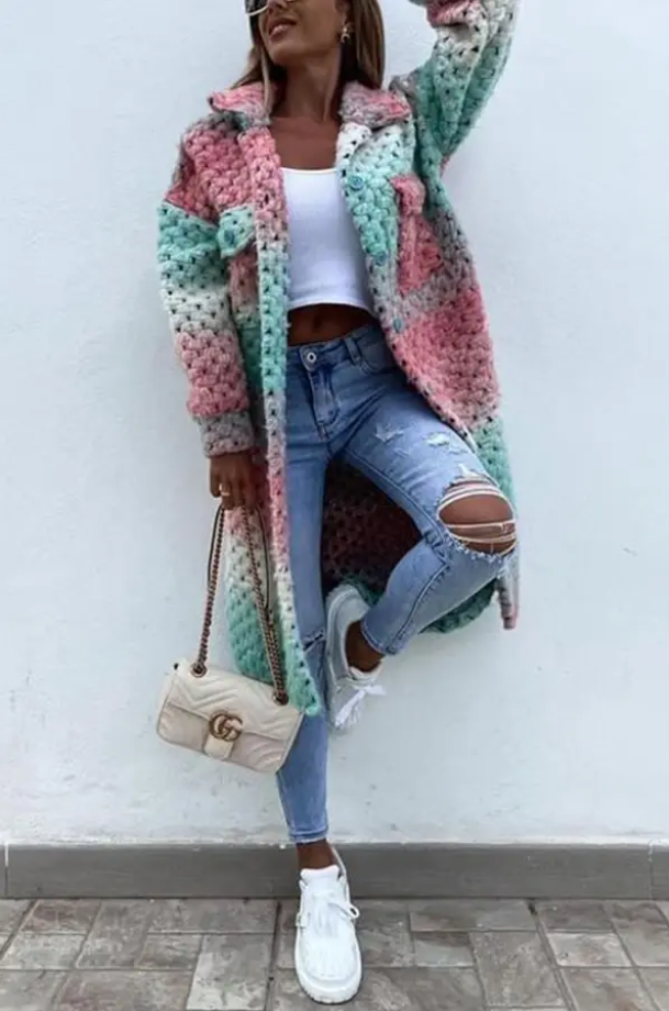 JENNA -  Long braided coat in rainbow colors